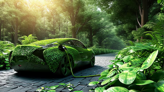 Coche eléctrico envuelto en hojas cargndo bateria en medio del bosque en un camino de piedras